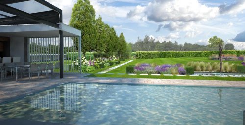 Návrh vizualizace zahrady se sochou - pohled přes vodní plochu na výsadby