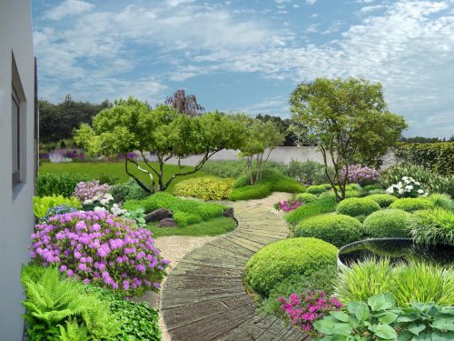 Návrh vizualizace zahrady se sochou - propojení interiéru s terasou a zahradou. Dominantní záhon trvalek s vodním prvkem a sochou.