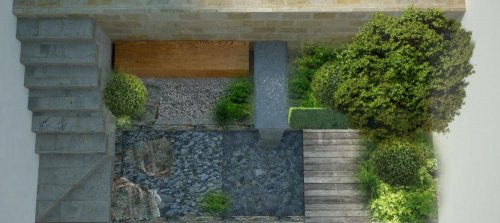 Vizualizace atria - náhled shora na variantu s vodním přepadem, lavicí a stálezeleným živým plotem