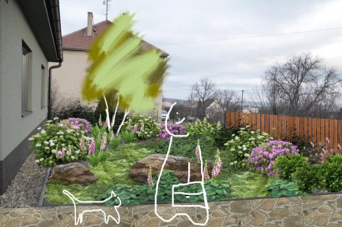 Vizualizace terasy - vstup k domu - Keřové výsadby s doplňkem trav a trvalek 