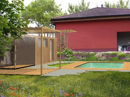 Projekt soukromé zahrady - vizualizace bazénu a domku pro grilování